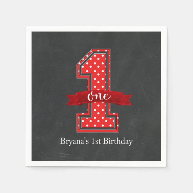 Red & White Polka Dot 1 One 1st Birthday Party Napkin (Front)