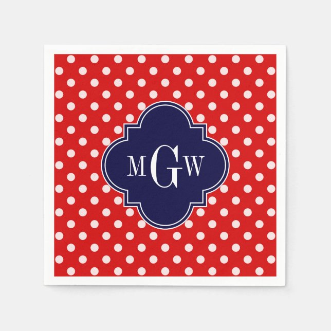 Red White Polka Dot Navy Quatrefoil 3 Monogram Napkin (Front)