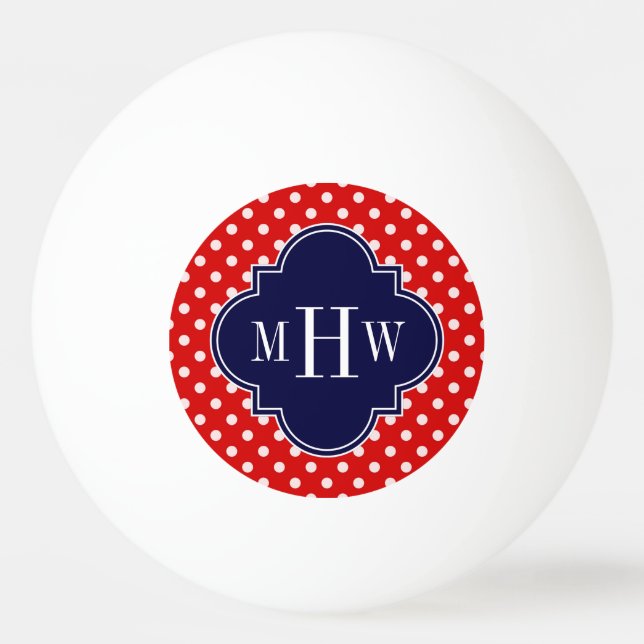 Red White Polka Dot Navy Quatrefoil 3 Monogram Ping Pong Ball (Front)