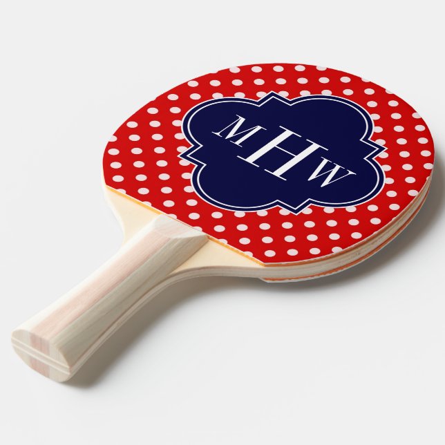 Red White Polka Dot Navy Quatrefoil 3 Monogram Ping Pong Paddle (Front Angle)