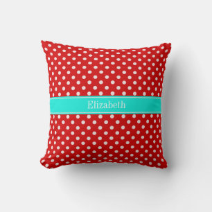 Red White Polka Dots Bright Aqua Name Monogram Throw Pillow