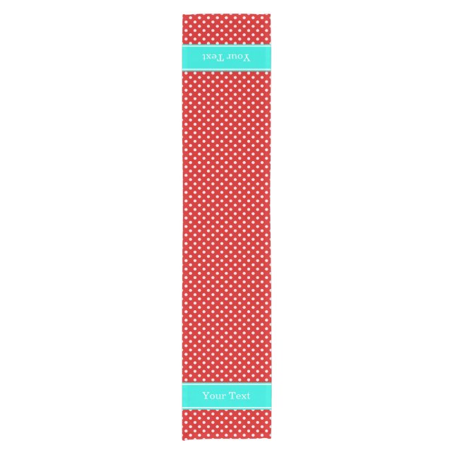 Red White Polka Dots Bright Aqua Ribbon Monogram Short Table Runner (Front)