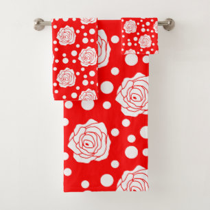 Red White Polka Dots Floral Illustration Design Bath Towel Set
