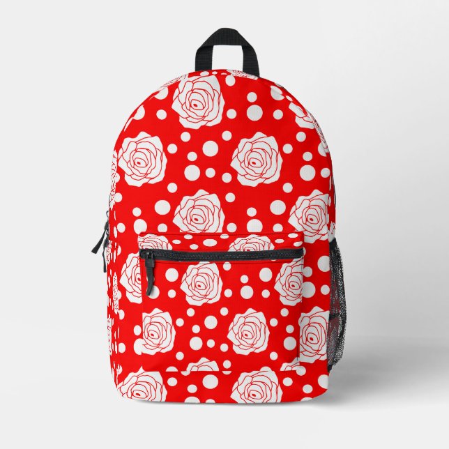 Red White Polka Dots Floral Illustration Design Printed Backpack (Front)