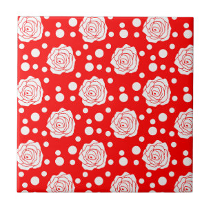 Red White Polka Dots Floral Illustration Design Tile
