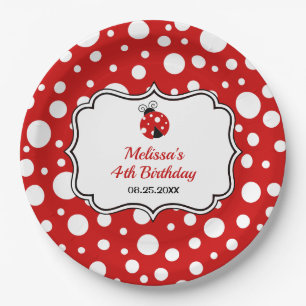Red White Polka Dots Ladybug Frame Kids Birthday Paper Plate