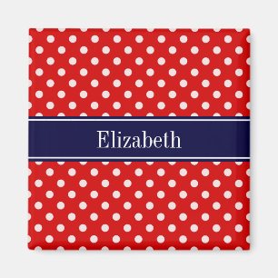 Red White Polka Dots Navy Blue Ribbon Monogram Magnet