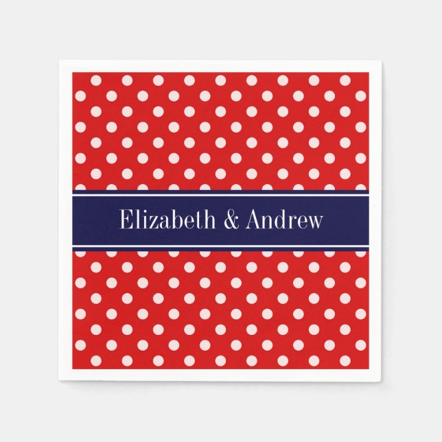 Red White Polka Dots Navy Blue Ribbon Monogram Napkin (Front)