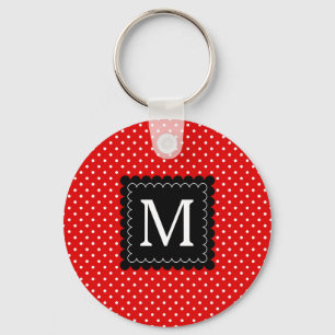 Red White Polka Dots Pattern Black Monogram Design Keychain