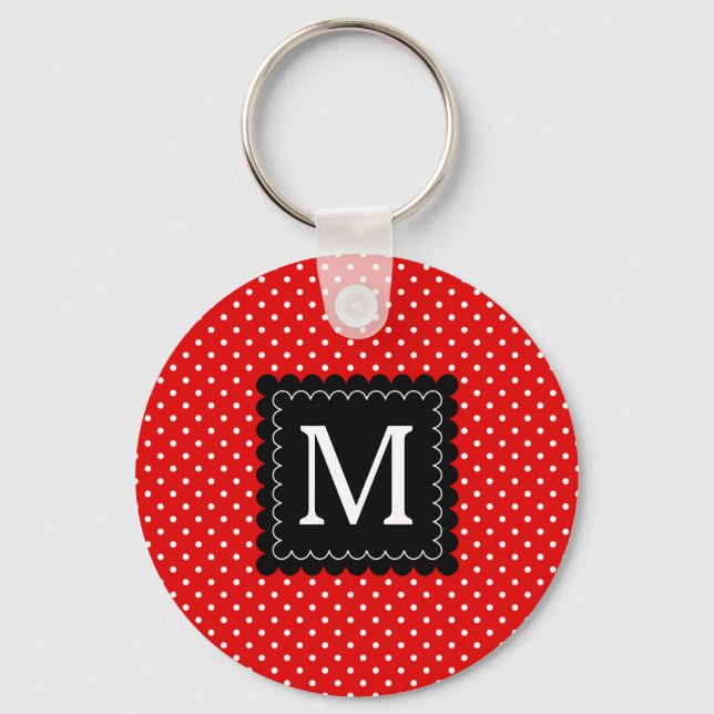 Red White Polka Dots Pattern Black Monogram Design Keychain (Front)