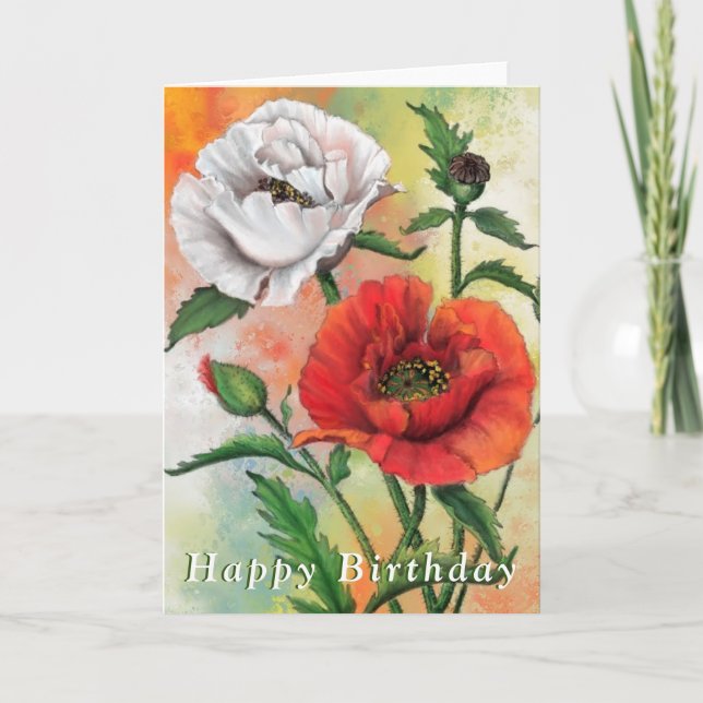 Red White Poppies Birthday Card (Front)