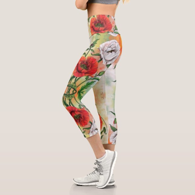 Red White Poppies Capri Leggings Flowers (Left)