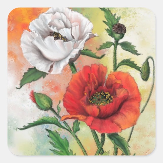 Red White Poppies Sticker - Painting (Front)