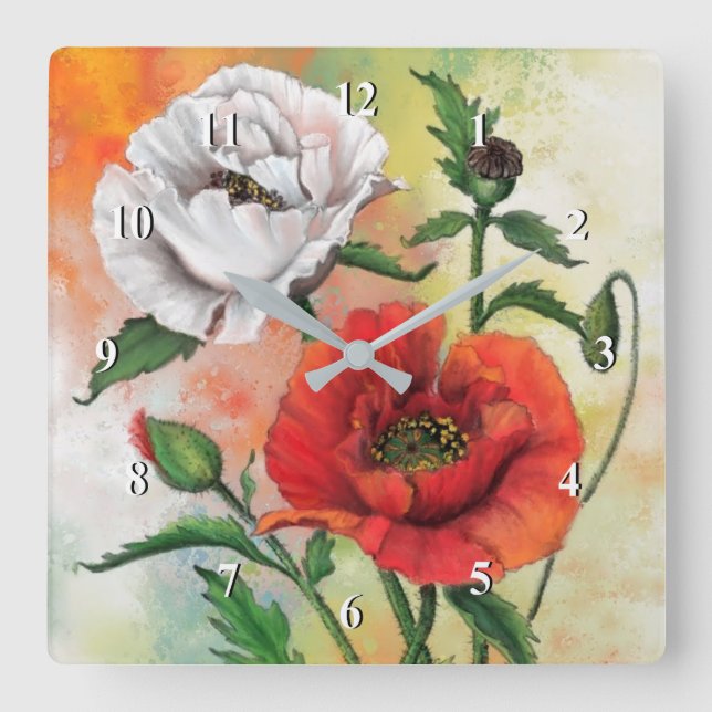 Red White Poppy Wall Clock - Painting (Front)