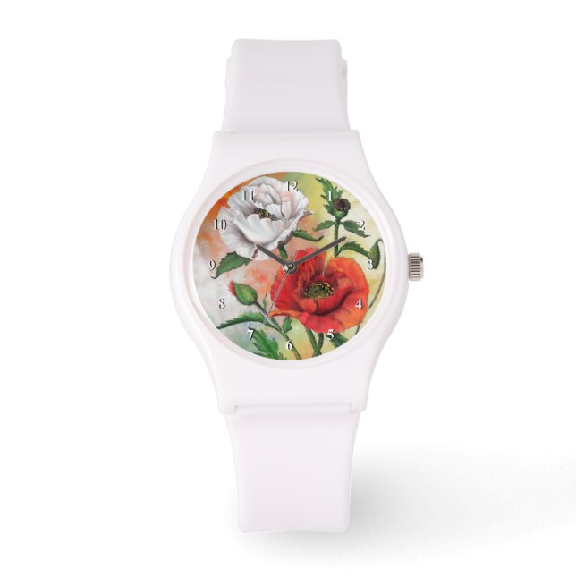 Red White Poppy Watch Beautiful Flowers (Front)