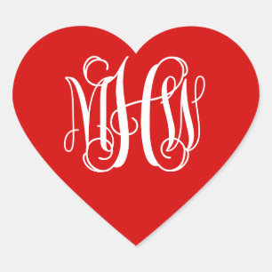 Red White Preppy Vine Script Monogram DIY BG Heart Sticker