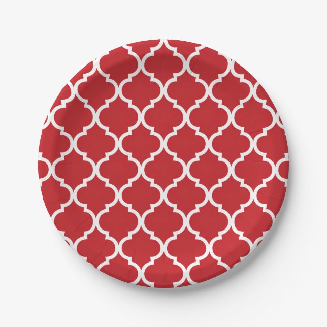 Red White Quatrefoil Paper Plate (Front)