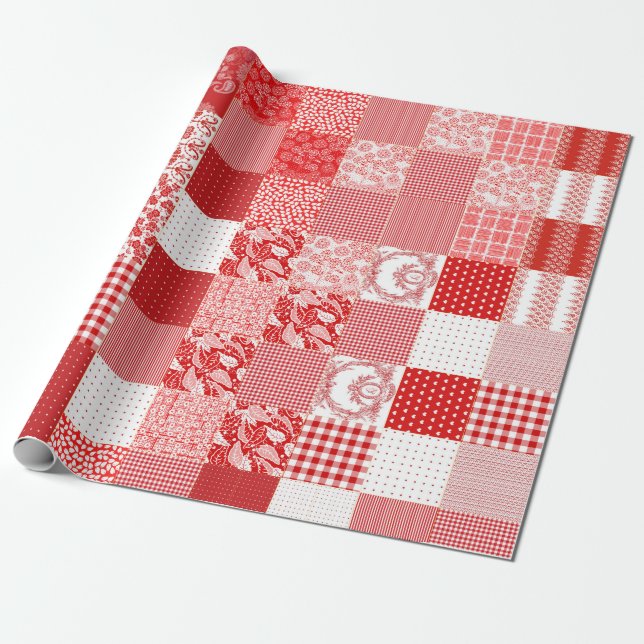 Red White Quilted Danish Star Squares Wrapping Paper (Unrolled)