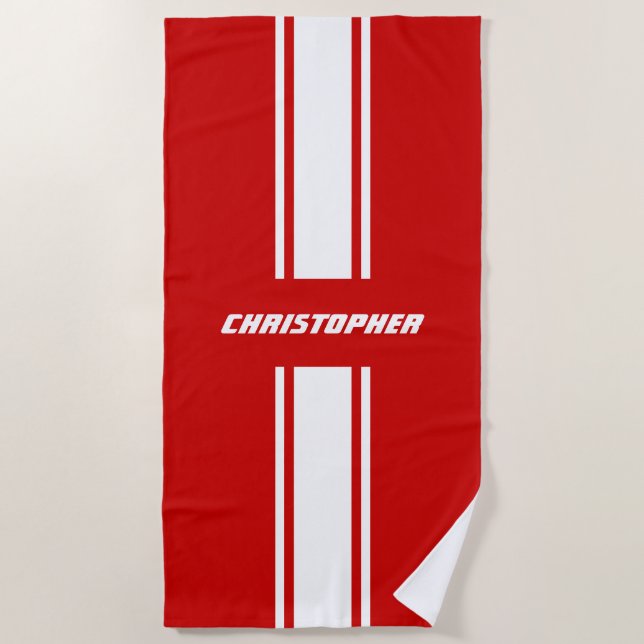 Red White Racing Stripes Gold Monogrammed Pool Beach Towel (Front)
