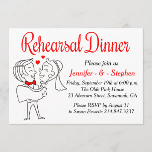 Red & White Rehearsal Dinner Cartoon Bride & Groom Invitation