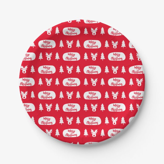 Red White Reindeer and Christmas Tree Pattern Paper Plate (Front)