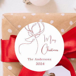 Red white reindeer doodle modern Christmas Classic Round Sticker