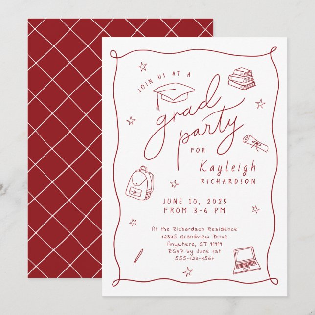 Red White Retro Hand Drawn Grad Party Invitation (Front/Back)