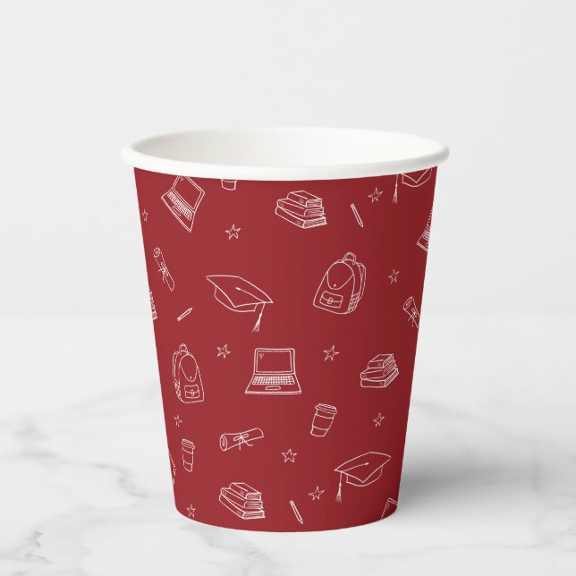 Red White Retro Hand Drawn Grad Party Paper Cups (Front)