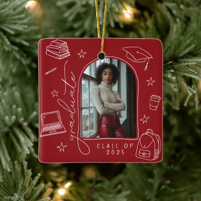 Red White Retro Hand Drawn Photo Graduation Ceramic Ornament (Tree)