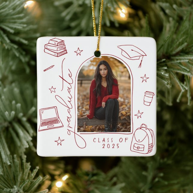 Red White Retro Hand Drawn Photo Graduation Ceramic Ornament (Tree)