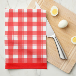 Red White Retro Plaid Checked Pattern Kitchen Towel