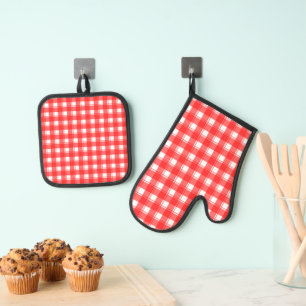 Red White Retro Plaid Pattern Oven Mitt & Pot Holder Set