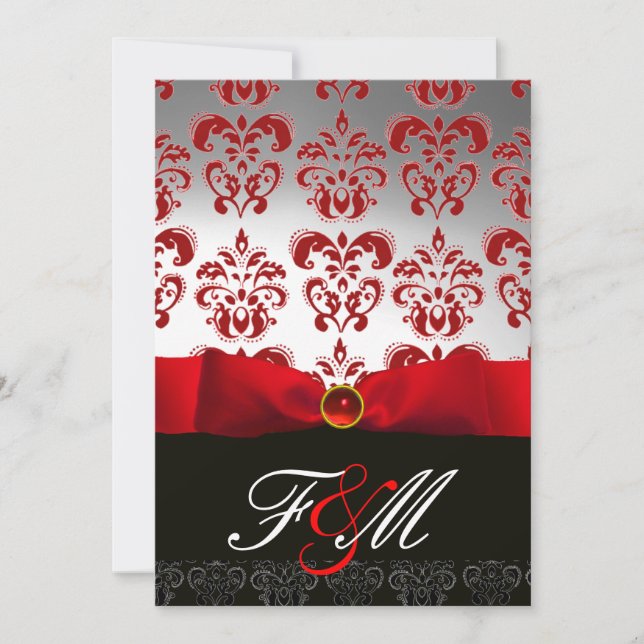 RED WHITE RIBBON & BLACK DAMASK MONOGRAM Ruby Invitation (Front)