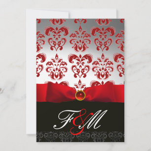 RED WHITE RIBBON & BLACK DAMASK MONOGRAM Ruby Invitation