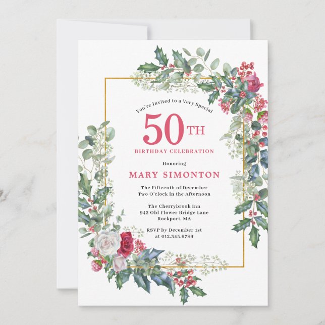 Red White Rose Floral Holly 50th Birthday Party Invitation (Front)