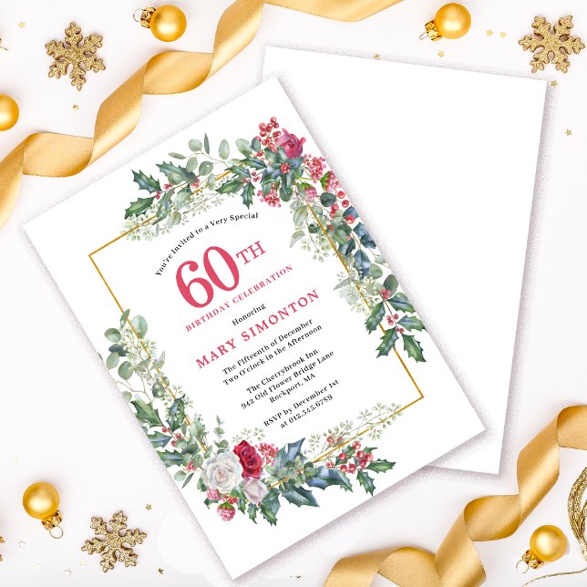 Red White Rose Floral Holly 60th Birthday Party Invitation (Need a matching Welcome Sign? Party suplies. Message me!)