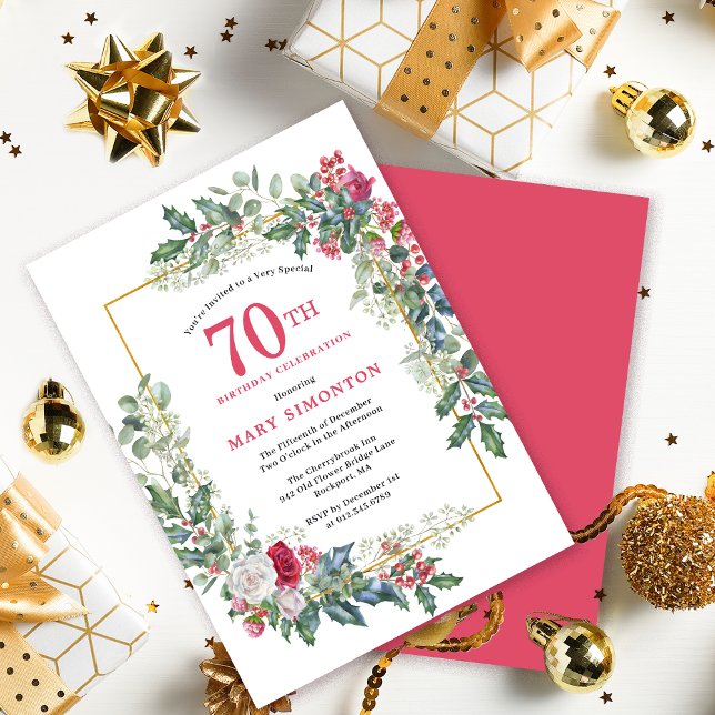 Red White Rose Floral Holly 70th Birthday Party Invitation (Need a matching welcome sign? Party supplies. Message me!)
