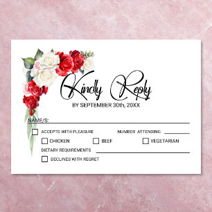 Red White Rose Floral Wedding RSVP Card