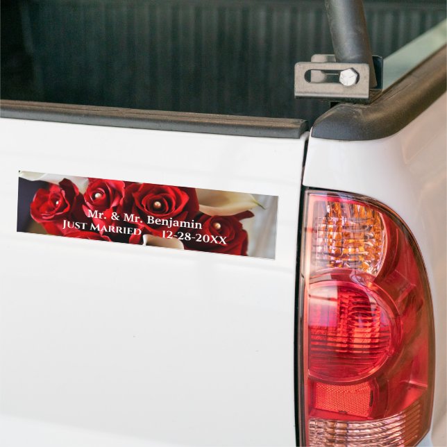  Red White Rose Flowers Wedding Floral Personalize Bumper Sticker (On Truck)