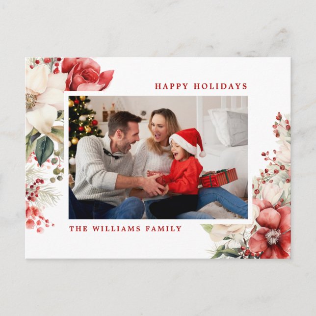 Red & White Rose Merry Christmas Photo Holiday Postcard (Front)
