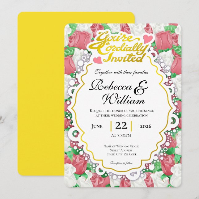 Red & White Rose Wedding Invite - Gold Letters 2 (Front/Back)