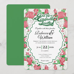 Red & White Rose Wedding Invite - Green Heading 1