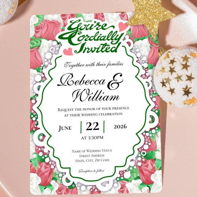 Red & White Rose Wedding Invite - Green Letters 2 (Creator Uploaded)