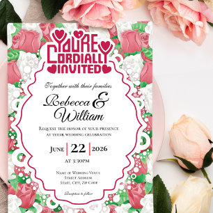 Red & White Rose Wedding Invite - Red Lettering 4