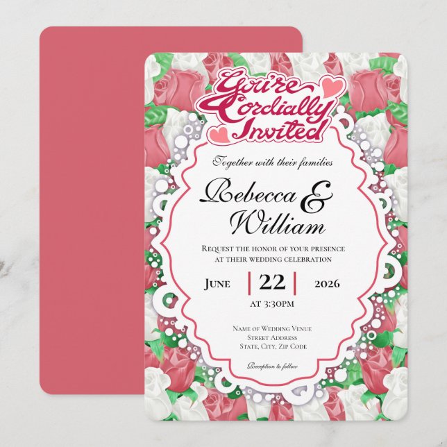 Red & White Rose Wedding Invite - Red Letters 1 (Front/Back)