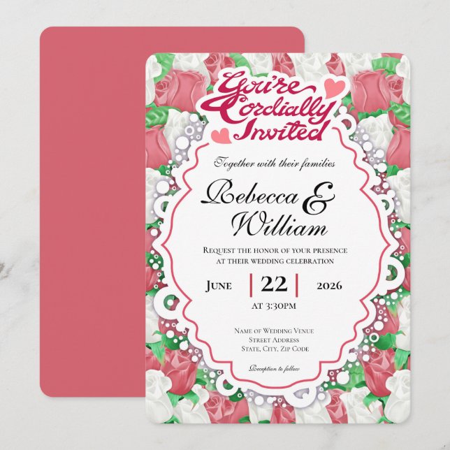 Red & White Rose Wedding Invite - Red Letters 2 (Front/Back)