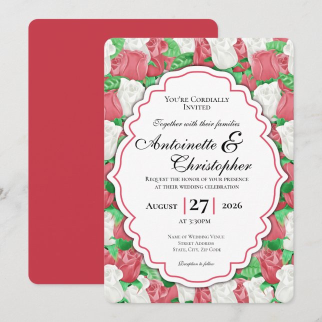 Red & White Rose Wedding Invite with Red Border (Front/Back)