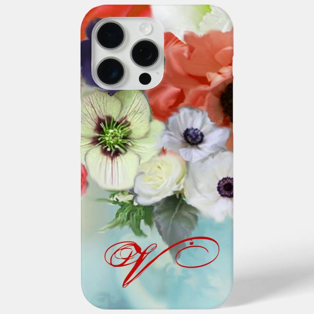 RED WHITE ROSES AND ANEMONE FLOWERS MONOGRAM Case-Mate iPhone CASE (Back)