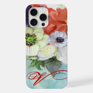 RED WHITE ROSES AND ANEMONE FLOWERS MONOGRAM iPhone 15 PRO MAX CASE