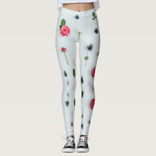 Red & White Roses and Blue Flowers Pattern Leggings